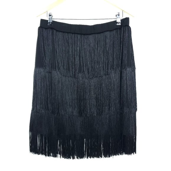 Eloquii Womens Fringe Straight Skirt 14 Black Knee Length Flapper Funky Stretch - Picture 1 of 5